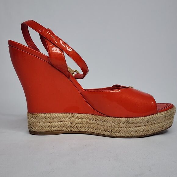 Louis Vuitton Red Patent Leather Espadrille Wedge Sandals Gold Hardware Size 40 - Picture 6 of 16
